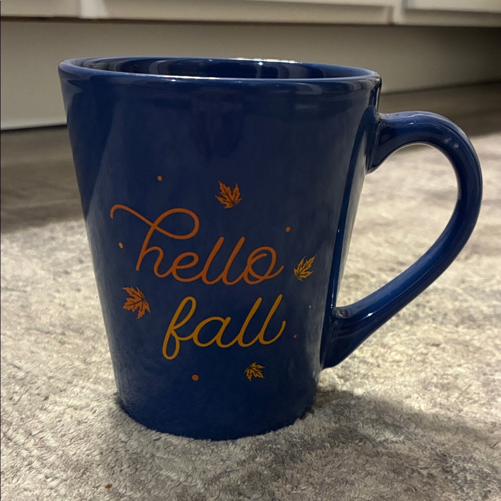 Blue Ceramic Mug with 'Hello Fall' Design